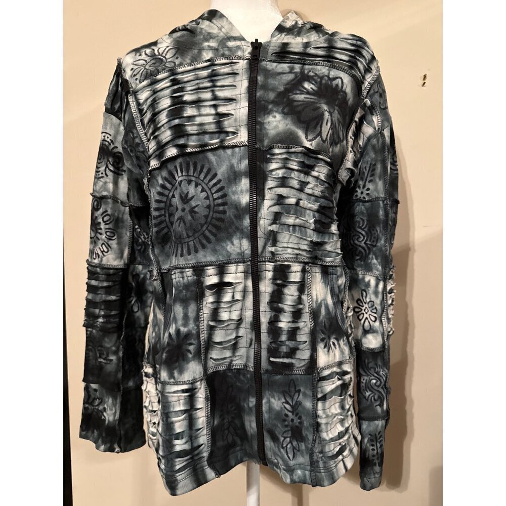 Patchwork Hippie Grunge Slashed Hoodie Black Gray Rising International Large